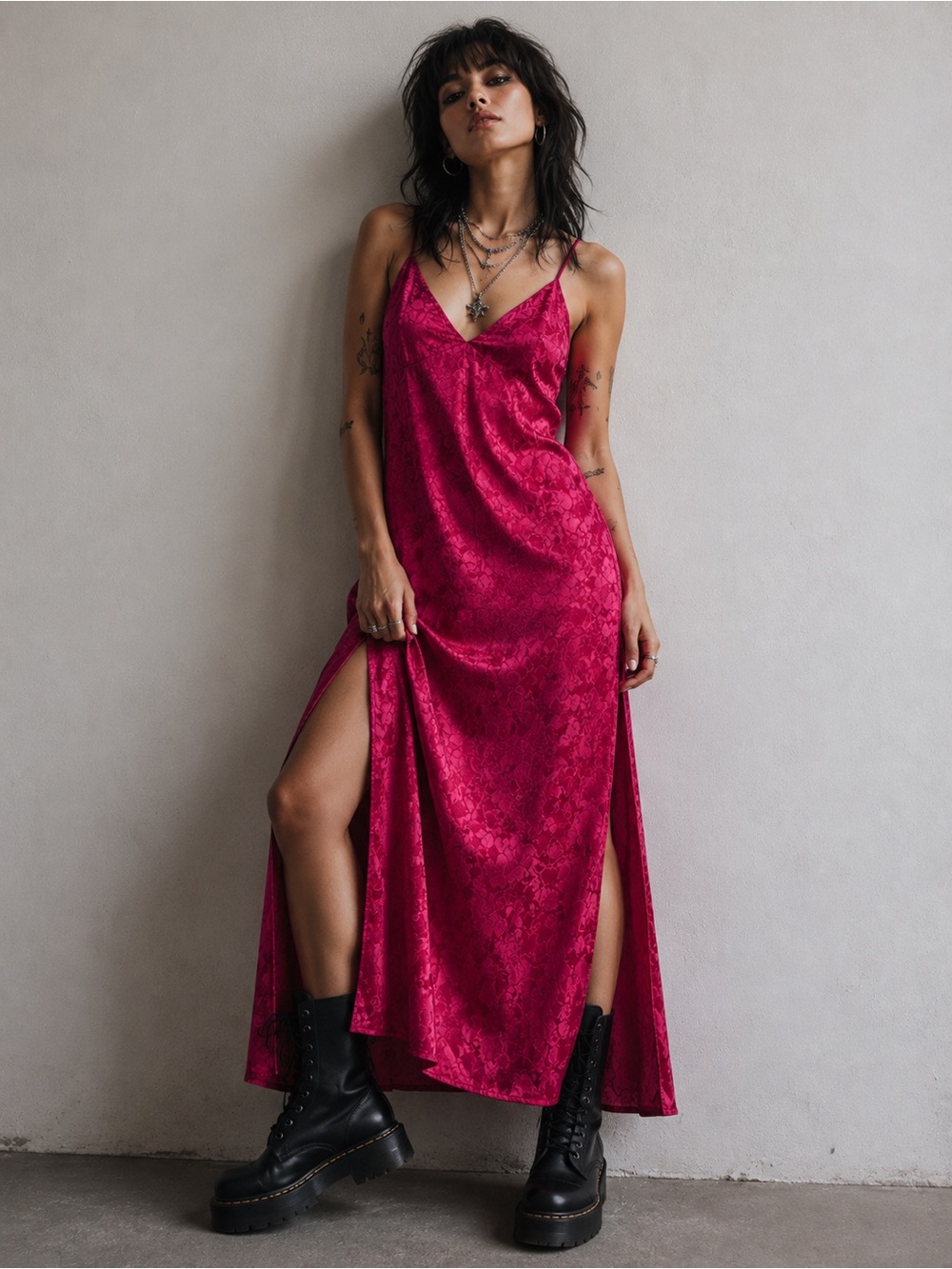 Vintage red silk Slip Dress with Side Slits